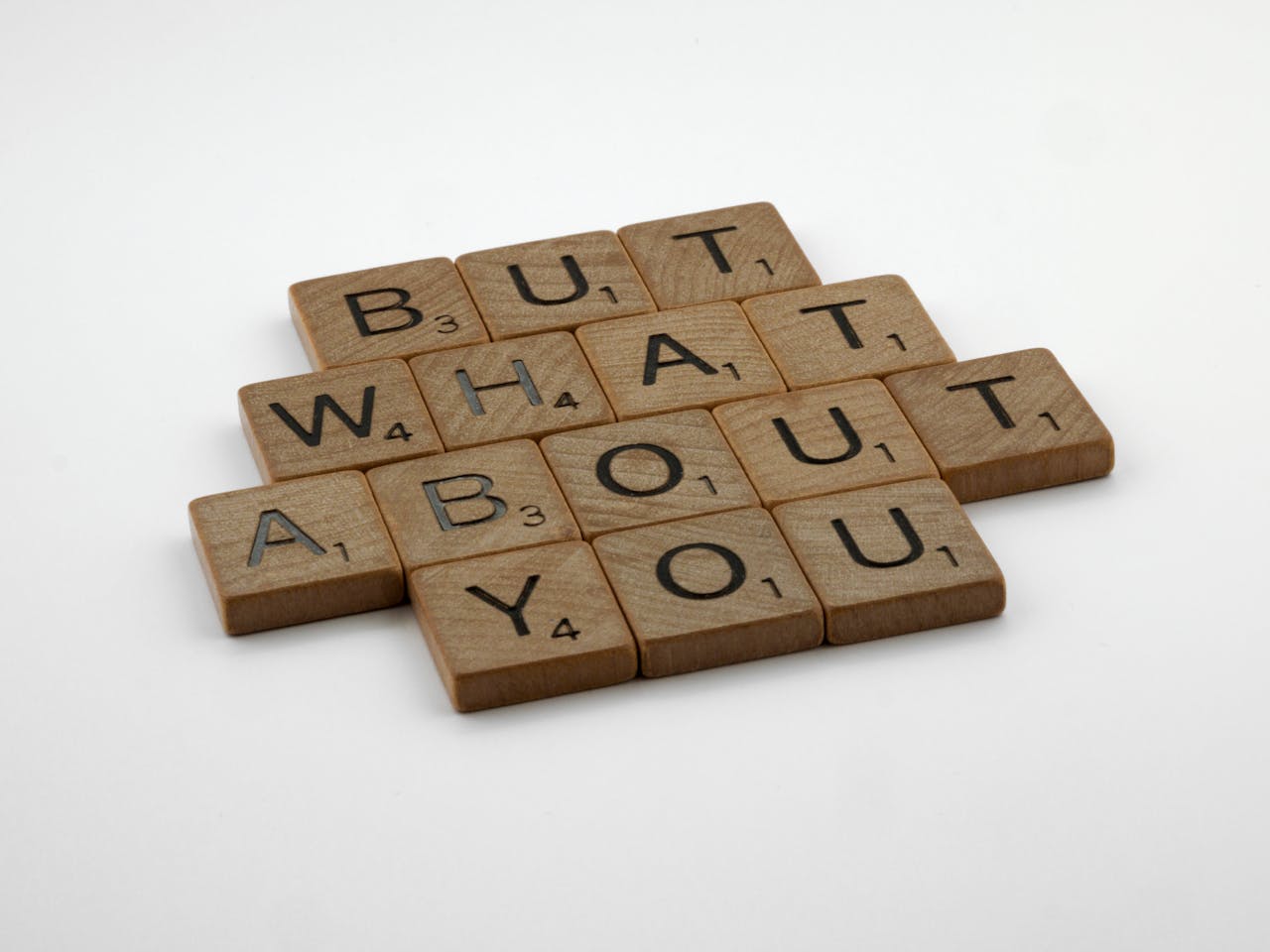 Close-up of wooden Scrabble tiles spelling 'But What About You' on a white surface.